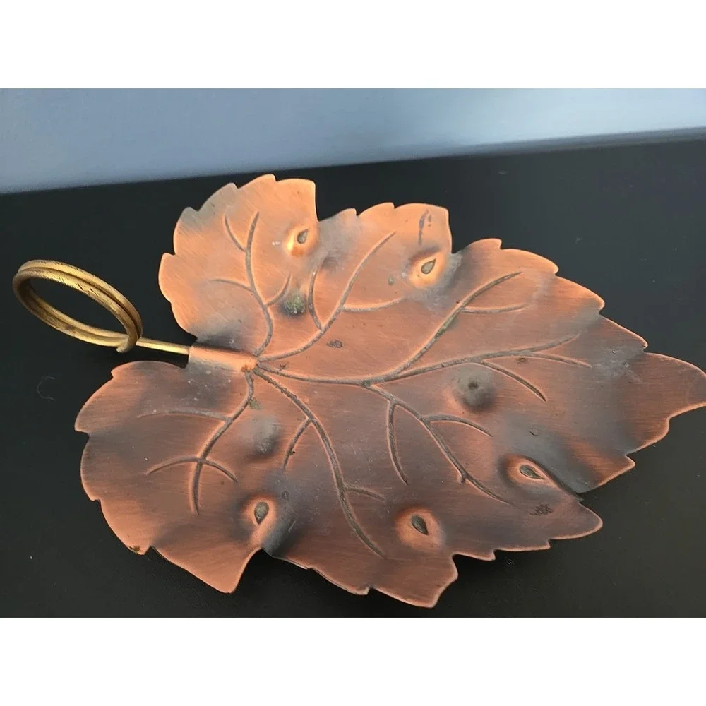 Copper Oak Leaf Bowl Trinket KEYS candy Coppercraft Guild USA Brass Ring Handle‎